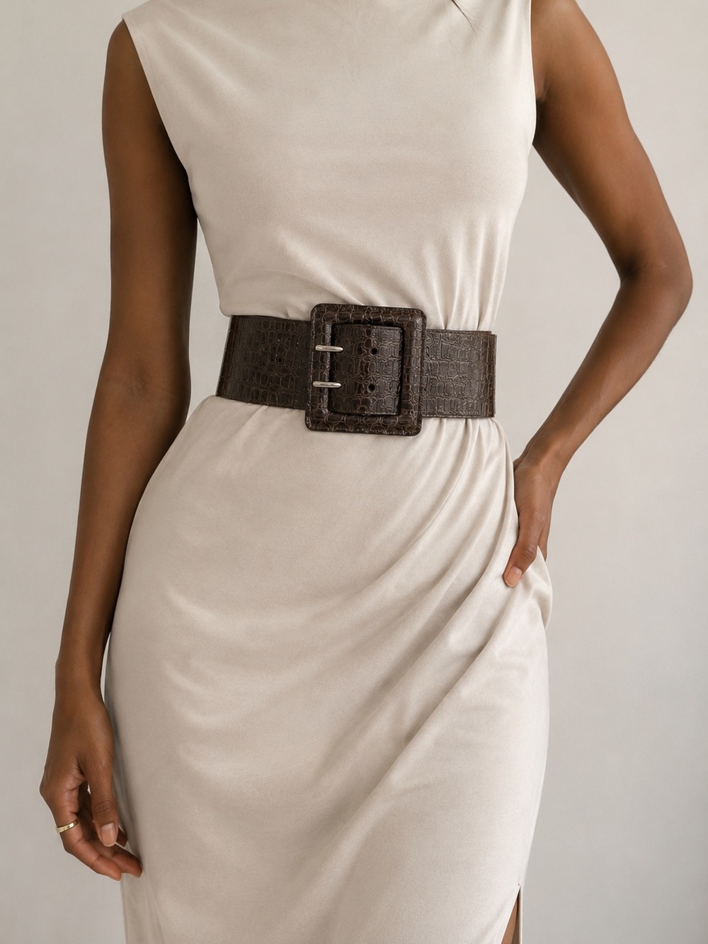 Wide Stretch Waist Belt Faux Crocodile Embossed Western Diva Brown One Size